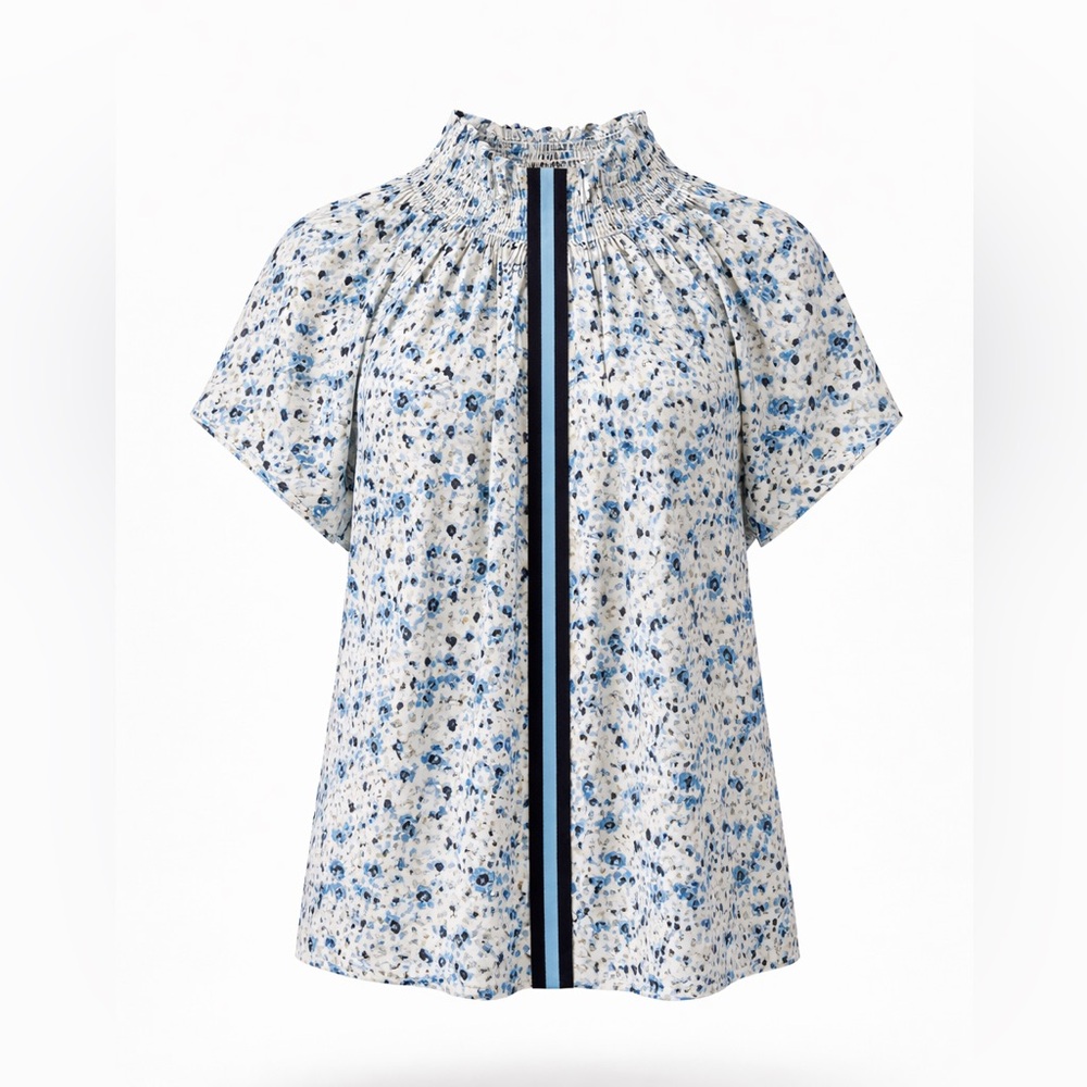 Rungolee Brooklyn Blouse 100% Silk Crepe Smocked Blue Print XS